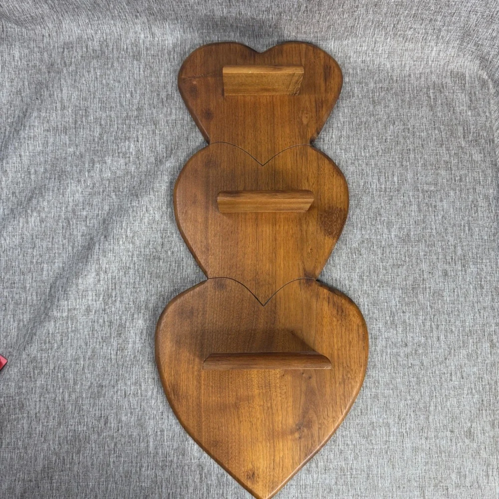 Vintage CottageCore Triple Heart Wood Wall Shelf Stacked 3 Tier Display Trinkets